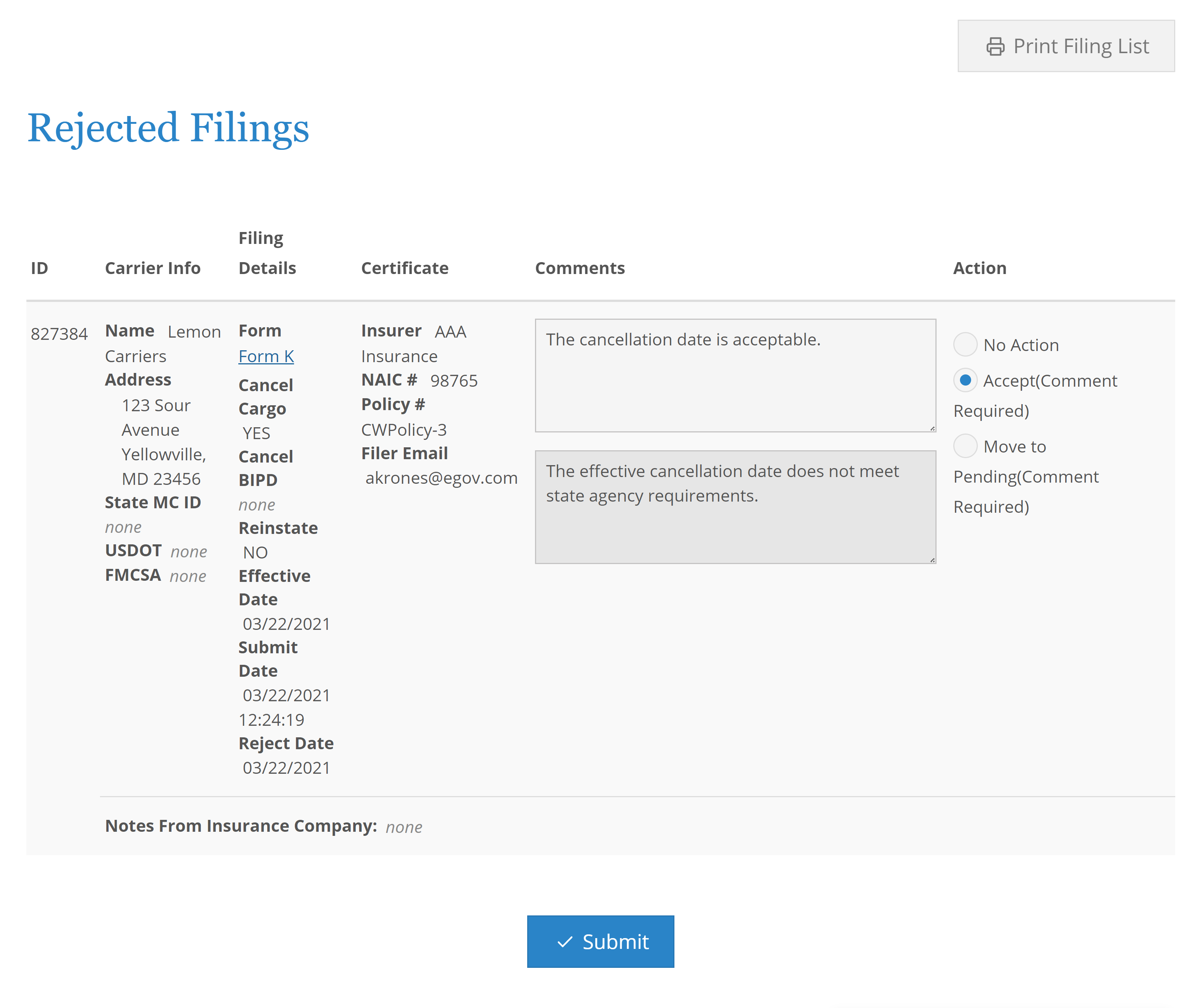 Screenshot of interface for Rejected Filings Search Results List.