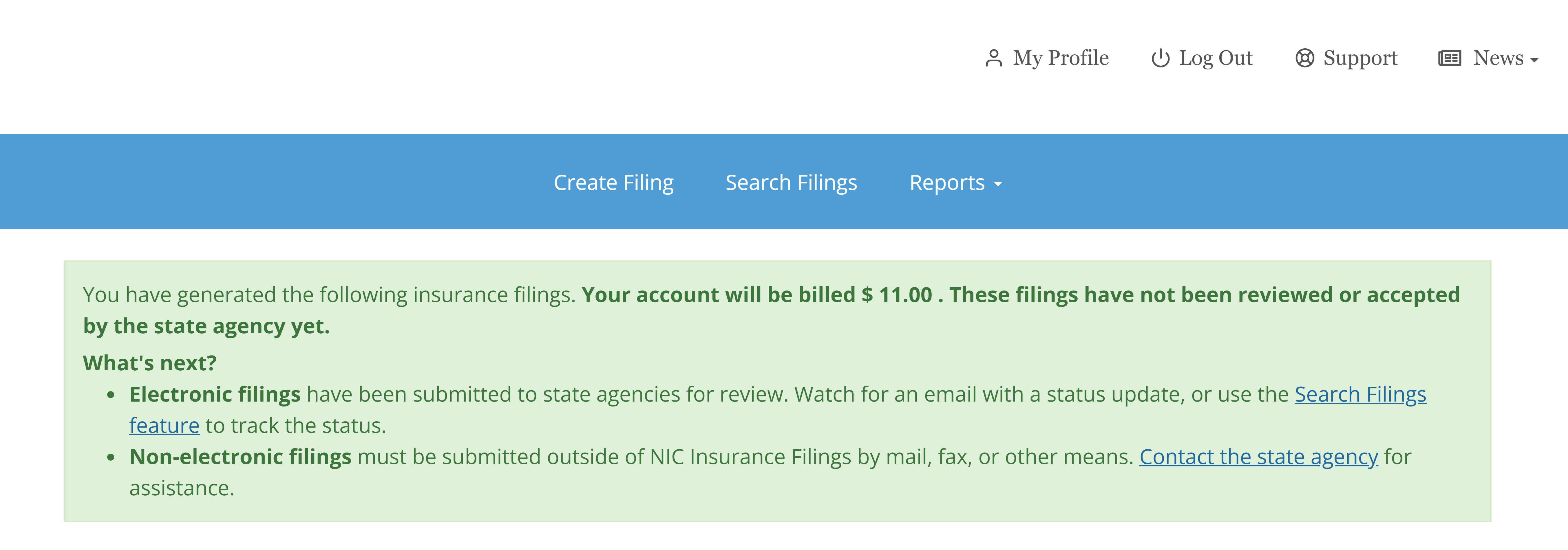 Screenshot of NIC Insurance Filings Create Filing summary page.