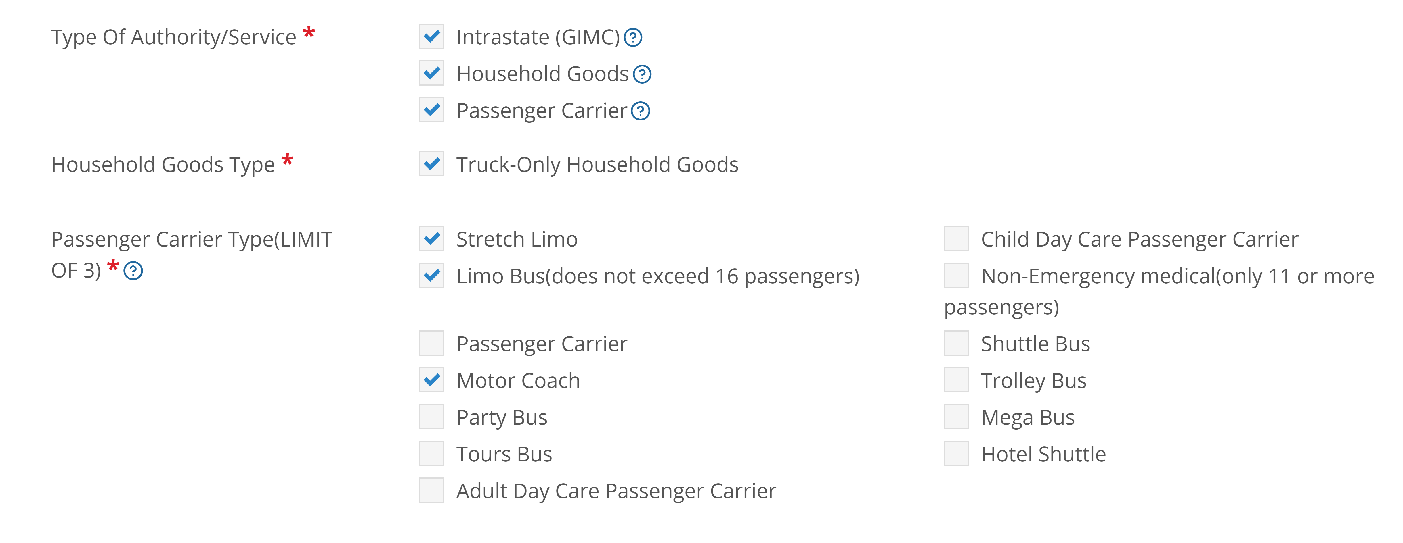 Screen shot of GA Form E filing form with Household Goods Type and Passenger Carrier Type questions.