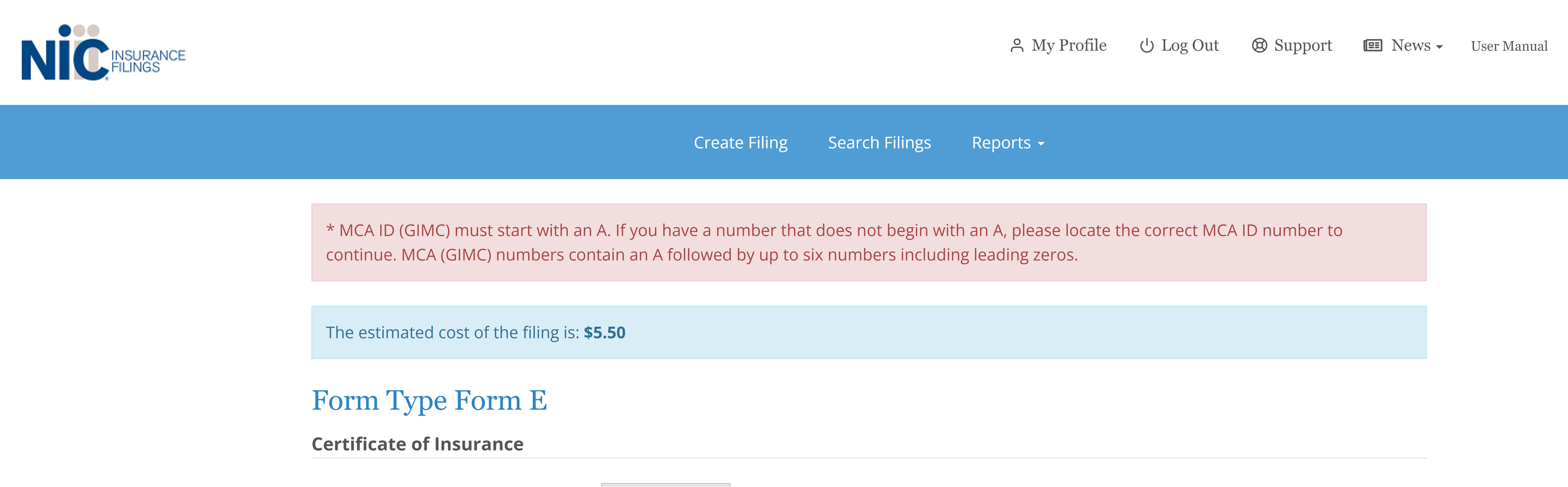 Screen shot of GA Form E filing form error message for invalid Georgia MCA ID number format.