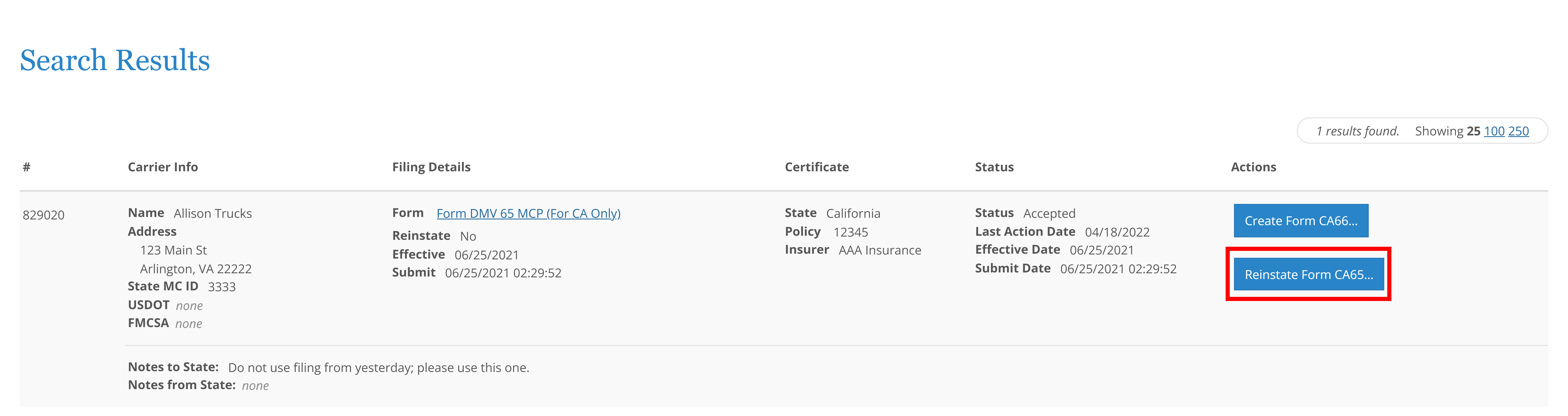 Screen shot showing Reinstate Form CA 65 button for approved MCP 65 filing.