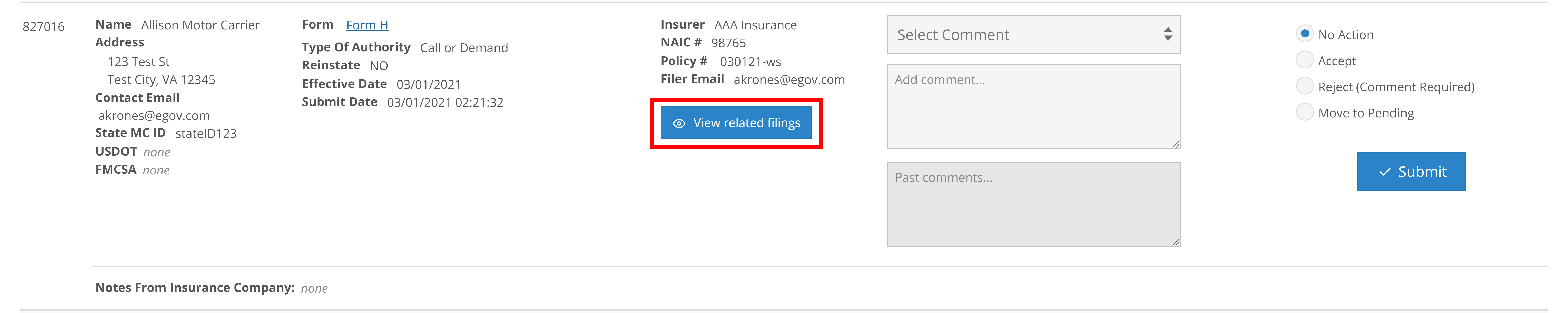 Screen shot showing View related Filings button on the New Filings For State User Single Submit page.