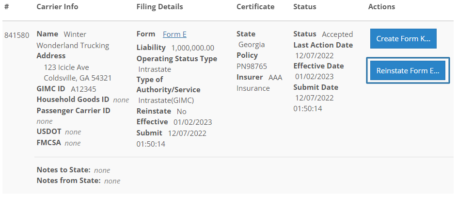 Screen shot showing where to enter the effective date for the reinstated policy.