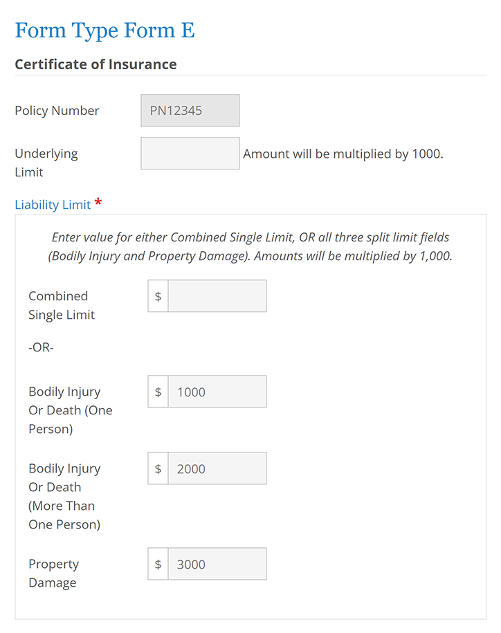 Screen shot showing new fields that allow users to enter split limit liability coverage.