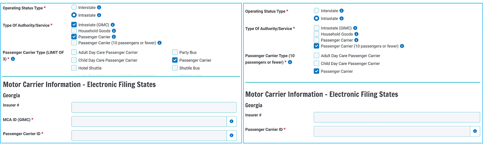 Graphic showing interface for regular Passenger Carrier vs Passenger Carrier 10 or fewer with no GIMC field to complete