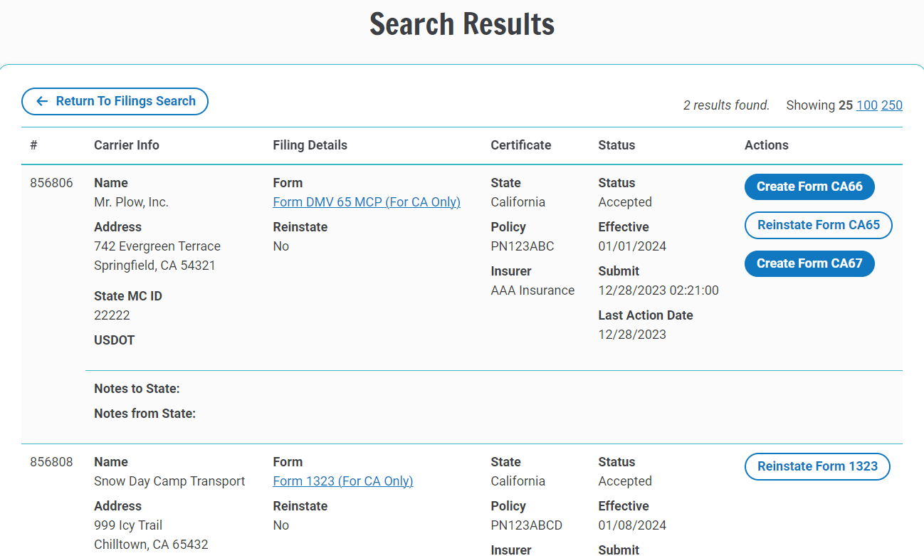 Screenshot of the Seach Results page. Buttons are shown next to filings that are eligible for the autopopulate feature.