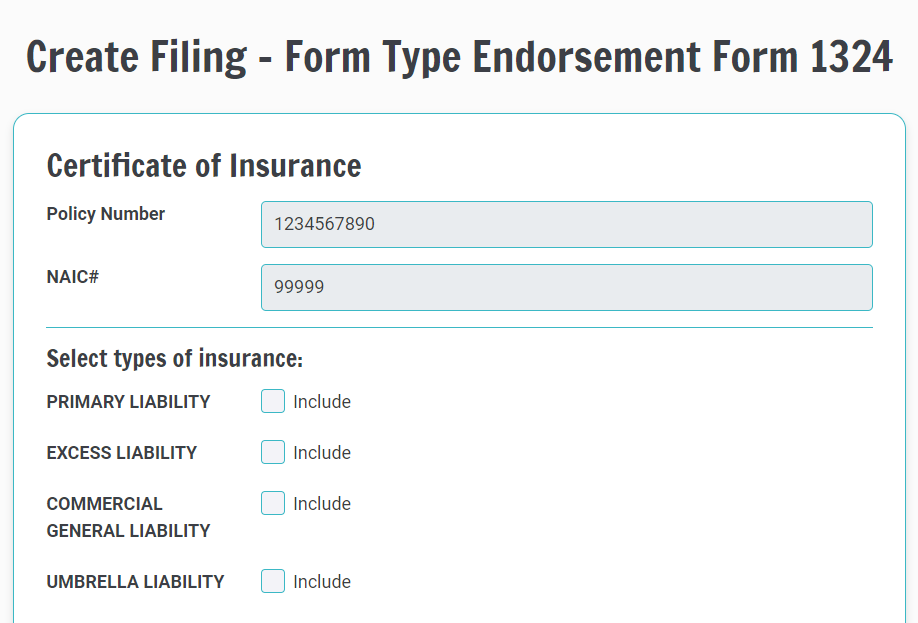 The California DMV REG 1324 Insurance Policy Endorsement Form is available online using Tyler Insurance Filings.