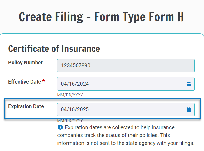 Form H version of the Create Filings interface with expiration date field.